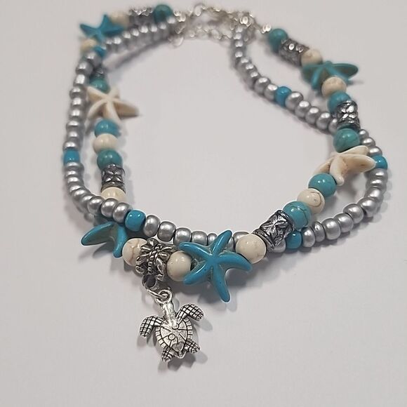 Sea Turtle Starfish beaded Anklet , Turquoise Color Beaded Starfish - Picture 3 of 5